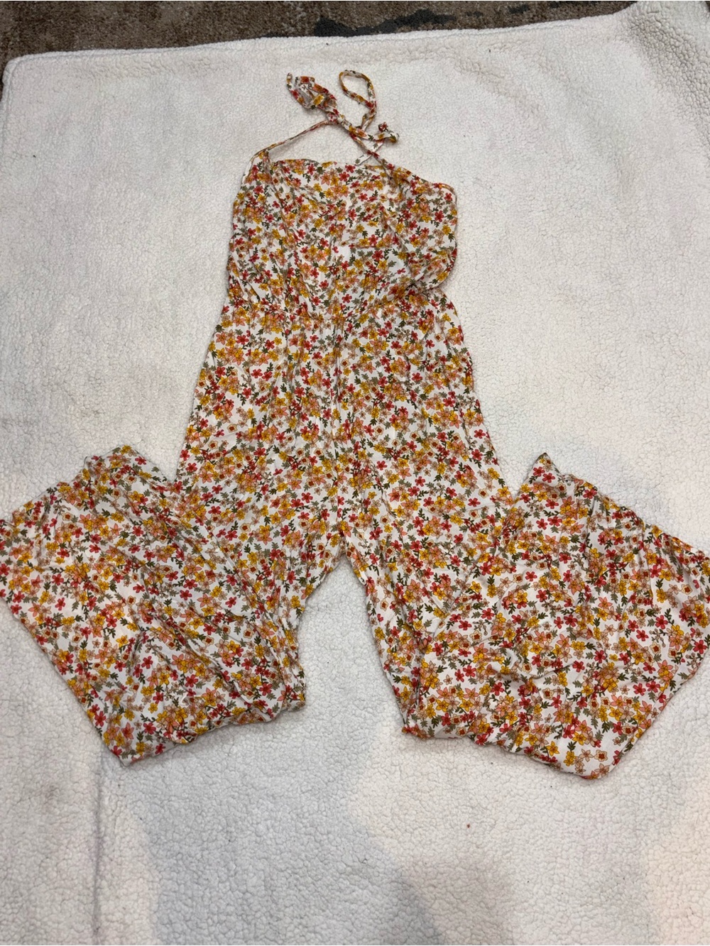 Ginger G White Floral Halter Wide-Leg Jumpsuit with Orange & Red Flowers Medium
